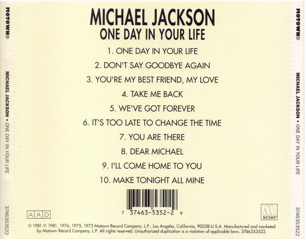 Michael Jackson : One Day In Your Life (CD, Comp, RE)
