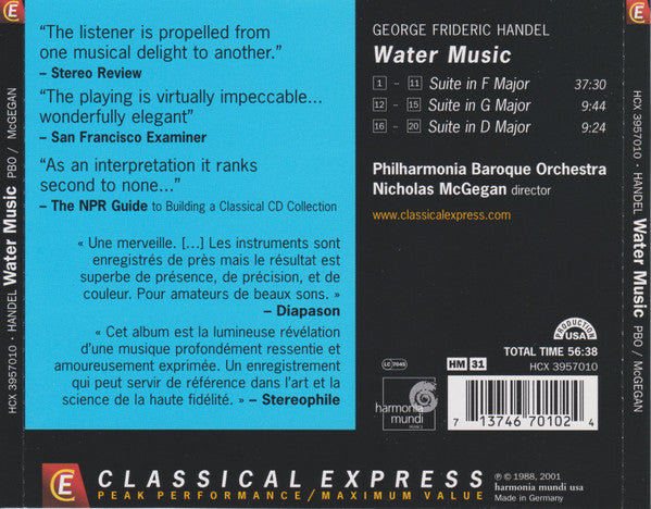 Georg Friedrich Händel, Philharmonia Baroque Orchestra, Nicholas McGegan : Water Music (CD, Album, RE)