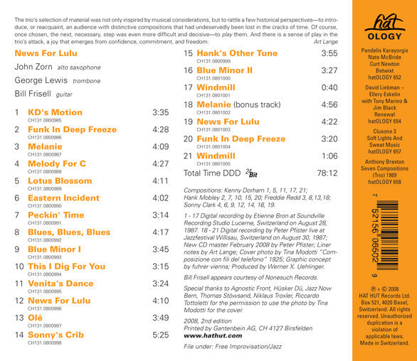 John Zorn / George Lewis / Bill Frisell : News For Lulu (CD, Album, RE, RM)