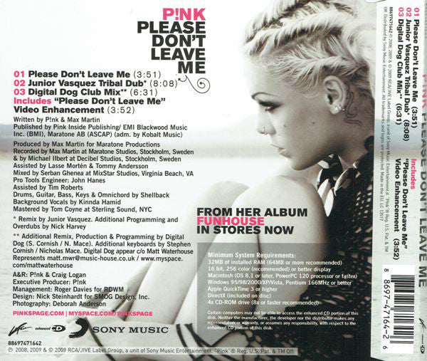 P!NK : Please Don't Leave Me (CD, Maxi, Enh)