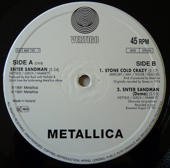 Metallica : Enter Sandman (12", Maxi)