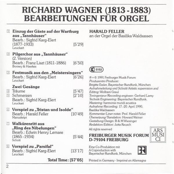 Richard Wagner - Harald Feller : Bearbeitungen Für Orgel (CD, Album)