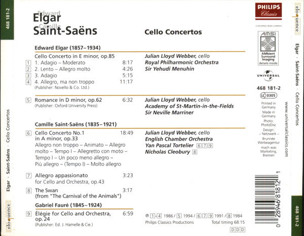 Edward Elgar* •  Camille Saint-Saëns - Julian Lloyd Webber : Cello Concertos (CD, Comp, RE)