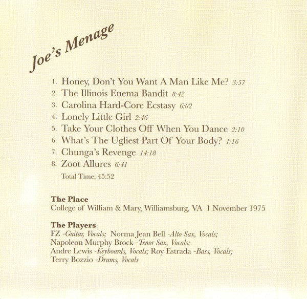 Frank Zappa : Joe's Menage (CD, Album)
