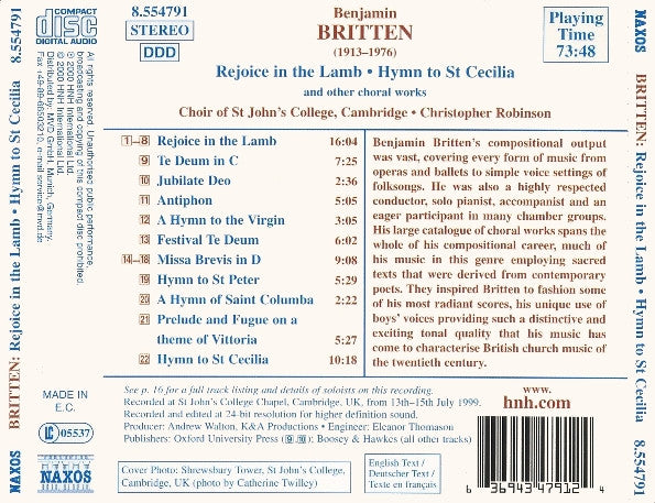Britten* - Choir Of St John's College, Cambridge* • Christopher Robinson : Rejoice In The Lamb • Hymn To St Cecilia • Missa Brevis (And Other Choral Works) (CD)