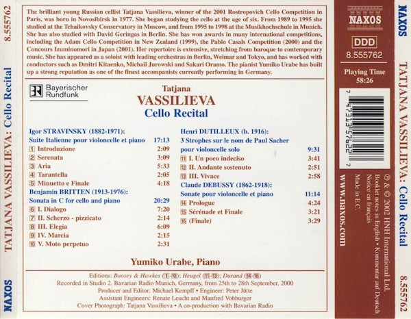 Tatjana Vassilieva*, Yumiko Urabe, Stravinsky*, Britten*, Dutilleux*, Debussy* : Cello Recital (CD, Album)