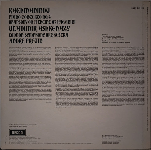 Rachmaninov* - Vladimir Ashkenazy, London Symphony Orchestra, André Previn : Piano Concerto No. 4 • Rhapsody On A Theme Of Paganini (LP)
