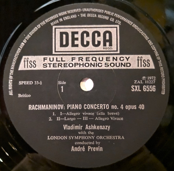 Rachmaninov* - Vladimir Ashkenazy, London Symphony Orchestra, André Previn : Piano Concerto No. 4 • Rhapsody On A Theme Of Paganini (LP)