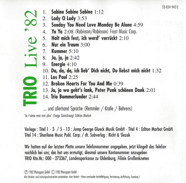 Trio : Live Im Frühjahr ’82 (CD, Album, RE)