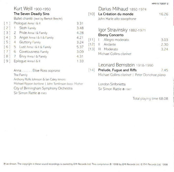 Kurt Weill, Darius Milhaud, Igor Stravinsky, Leonard Bernstein, Elise Ross, Simon Rattle* : The Seven Deadly Sins (CD, Comp)