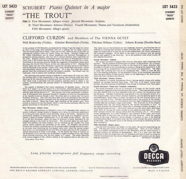 Schubert* - Curzon* With Members Of The Vienna Octet* : The &quot;Trout&quot; Quintet (LP, Mono, RP)