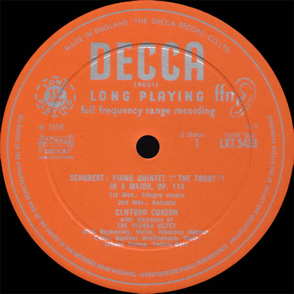 Schubert* - Curzon* With Members Of The Vienna Octet* : The &quot;Trout&quot; Quintet (LP, Mono, RP)