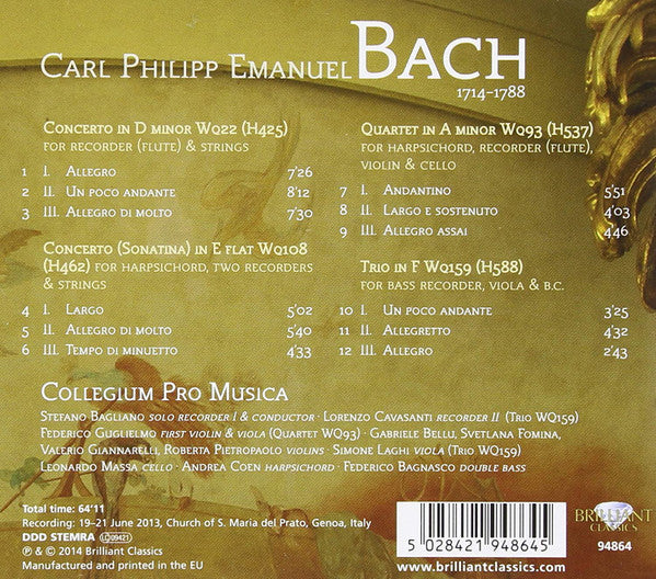 Carl Philipp Emanuel Bach, Stefano Bagliano, Collegium Pro Musica : Recorder Concertos - Chamber Music (CD, Album)