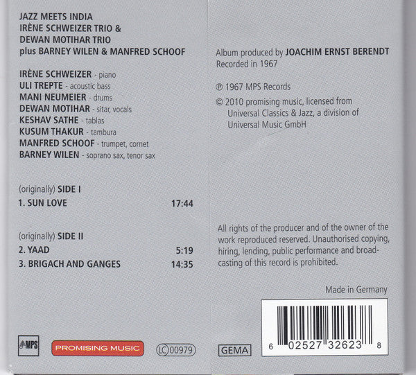 Dewan Motihar Trio, Irene Schweizer Trio*, Manfred Schoof, Barney Wilen : Jazz Meets India (CD, Album, RE, RM, Gat)
