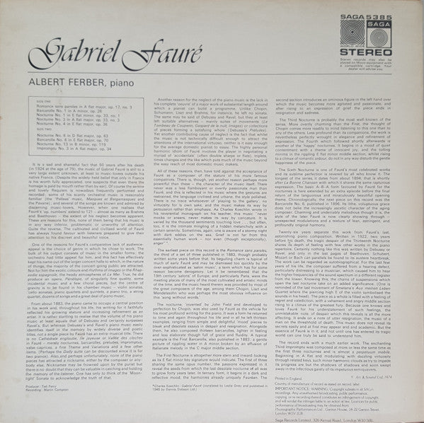 Gabriel Fauré, Albert Ferber : Piano Music Of Gabriel Faure (LP, RE, RM, Tel)