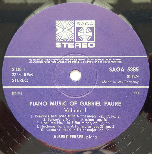 Gabriel Fauré, Albert Ferber : Piano Music Of Gabriel Faure (LP, RE, RM, Tel)