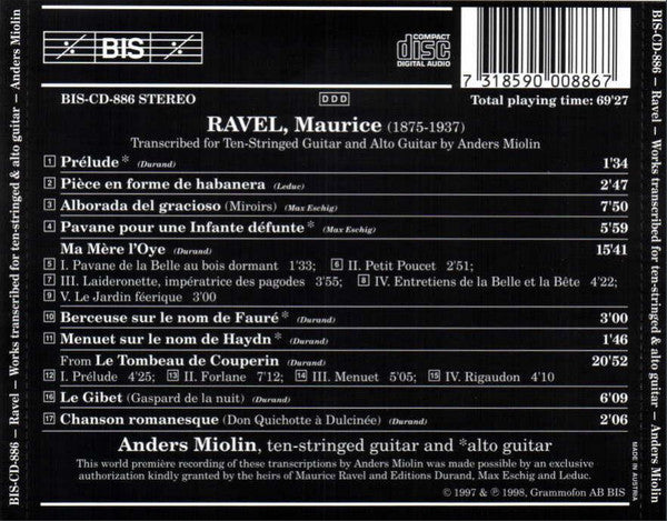 Maurice Ravel, Anders Miolin : Works Transcriber For Ten-Stringed Guitar &amp; Alto Guitar (CD)