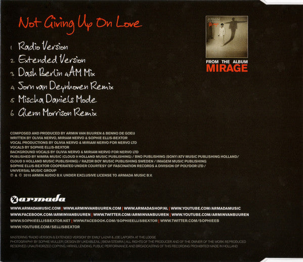 Armin van Buuren vs Sophie Ellis-Bextor : Not Giving Up On Love (CD, Maxi)
