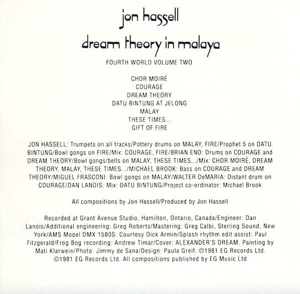 Jon Hassell : Dream Theory In Malaya (Fourth World Volume Two) (CD, Album, RE)