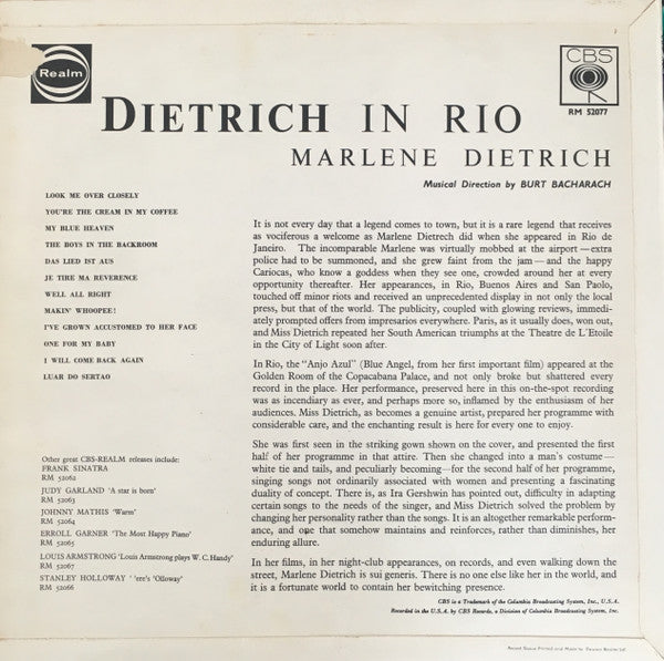 Marlene Dietrich : Dietrich In Rio (LP, Mono, RE)