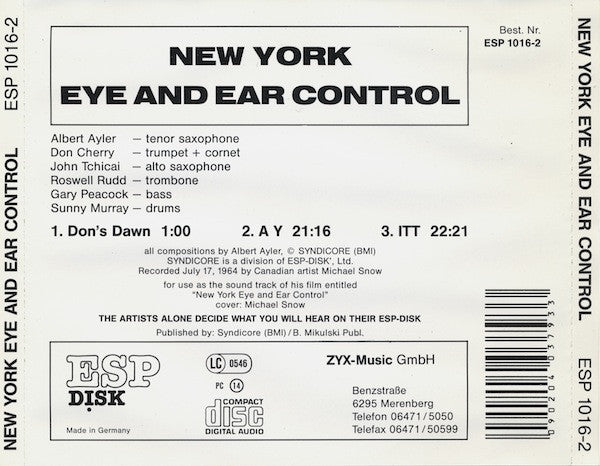 Albert Ayler, Don Cherry, John Tchicai, Roswell Rudd, Gary Peacock, Sonny Murray* : New York Eye And Ear Control (CD, Album, RE)
