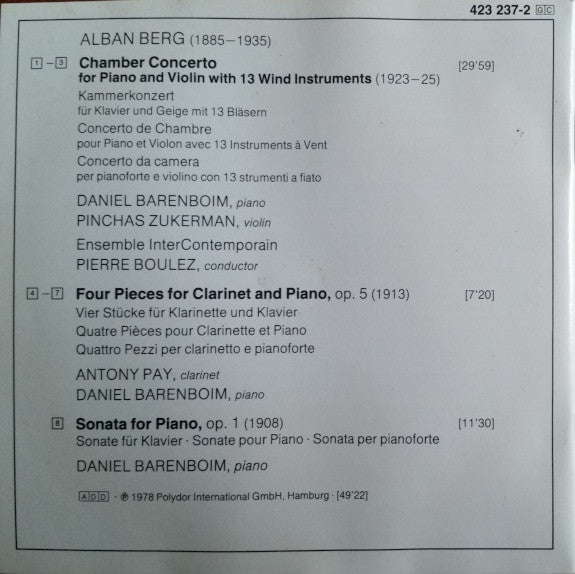 Berg*, Pinchas Zukerman, Daniel Barenboim, Antony Pay, Ensemble Intercontemporain, Pierre Boulez : Chamber Concerto / 4 Pieces For Clarinet And Piano / Piano Sonata (CD, RE, RM)