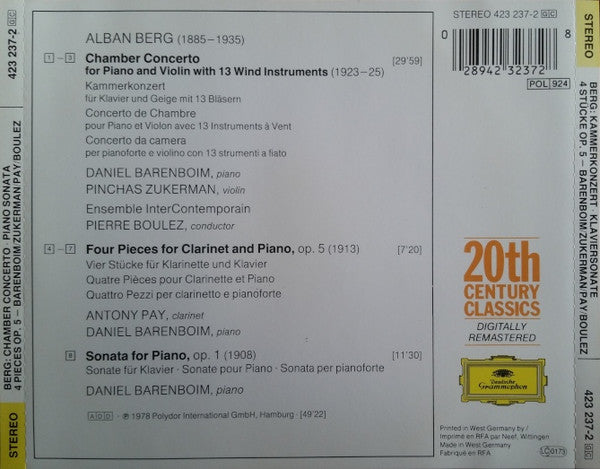 Berg*, Pinchas Zukerman, Daniel Barenboim, Antony Pay, Ensemble Intercontemporain, Pierre Boulez : Chamber Concerto / 4 Pieces For Clarinet And Piano / Piano Sonata (CD, RE, RM)
