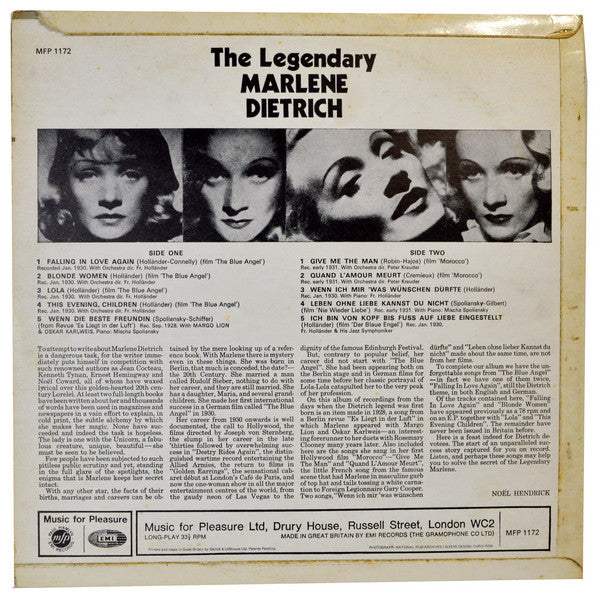 Marlene Dietrich : The Legendary Marlene Dietrich (LP, Comp, Mono)