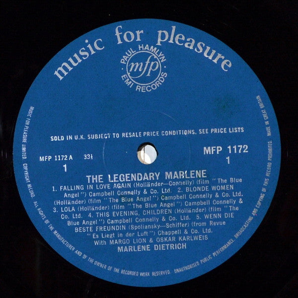 Marlene Dietrich : The Legendary Marlene Dietrich (LP, Comp, Mono)