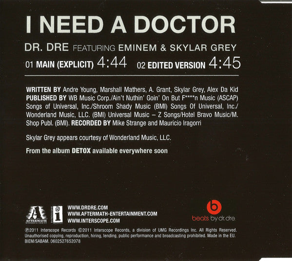 Dr. Dre Featuring Eminem &amp; Skylar Grey : I Need A Doctor (CD, Single)