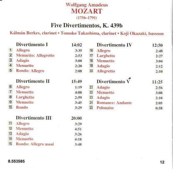 Mozart*, Kálmán Berkes, Tomoko Takashima, Koji Okazaki : Five Divertimentos, K. 439b (CD, Album)