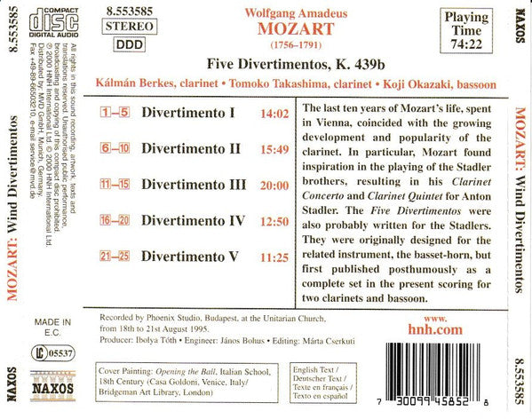 Mozart*, Kálmán Berkes, Tomoko Takashima, Koji Okazaki : Five Divertimentos, K. 439b (CD, Album)