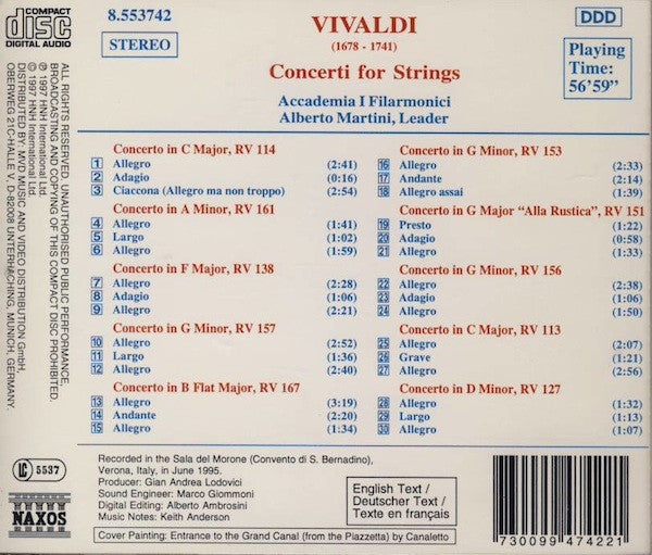 Vivaldi*, Accademia I Filarmonici*, Alberto Martini : Concerti For Strings (CD, Album)