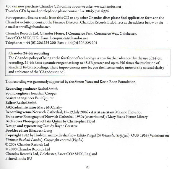 Iain Quinn : Plays Czech Music On The Organ Of Norwich Cathedral (CD)