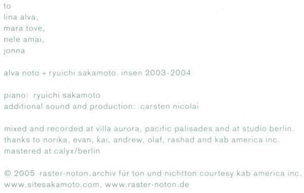 Alva Noto + Ryuichi Sakamoto : Insen (CD, Album, RP)