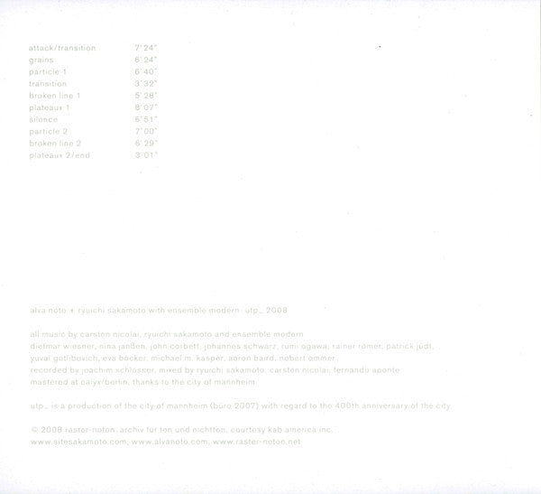 Alva Noto + Ryuichi Sakamoto With Ensemble Modern : Utp_ (CD, Album, RP, Dig)