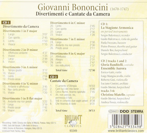 Giovanni Bononcini, Ensemble Aurora, La Stagione Armonica : Divertimenti E Cantate Da Camera (2xCD, Album, RE)