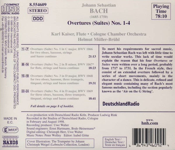 Johann Sebastian Bach - Karl Kaiser, Cologne Chamber Orchestra*, Helmut Müller-Brühl : Overtures (Suites) Nos. 1-4 (CD, Album)