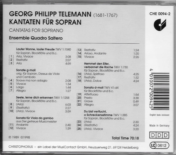 Telemann*, Ensemble Quadro Saltero* : Kantaten Für Sopran = Cantatas For Soprano (CD, RE)