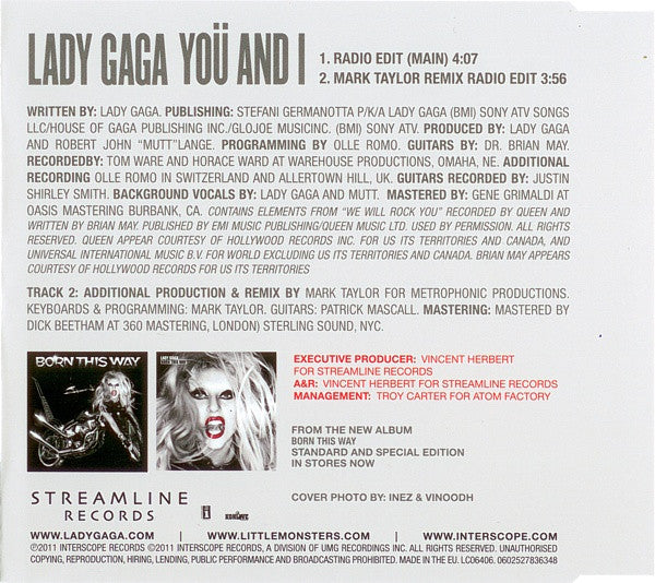 Lady Gaga : Yoü And I (CD, Single)