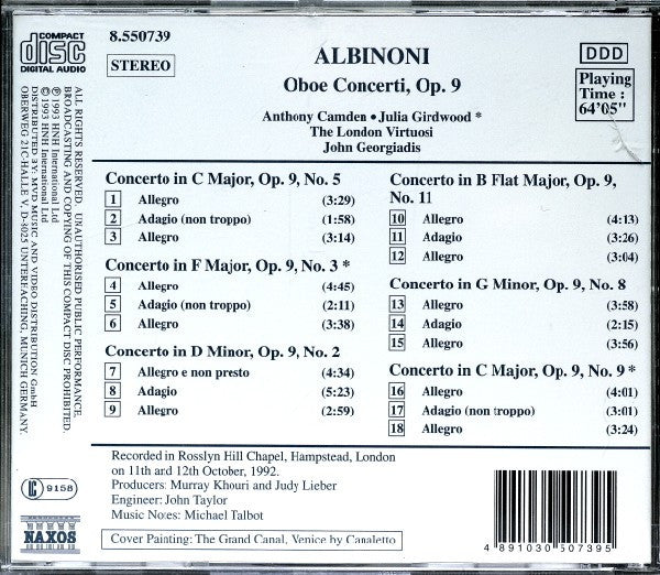 Albinoni* - Anthony Camden, The London Virtuosi, John Georgiadis : Oboe Concerti Op. 9, Nos. 2, 3, 5, 8, 9 &amp; 11 (CD, Album, P+O)