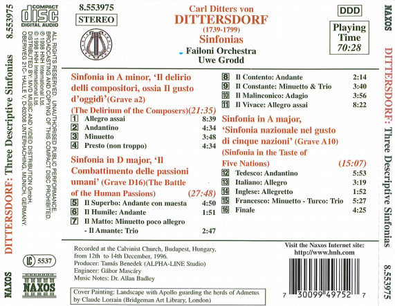 Dittersdorf*, Failoni Orchestra*, Uwe Grodd : Sinfonias (The Delirium Of Composers / The Battle Of The Human Passions / In The Taste Of Five Nations) (CD, Album)