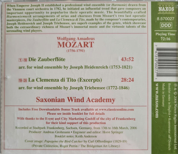 Wolfgang Amadeus Mozart, Saxonian Wind Academy*, Joseph Heidenreich, Josef Triebensee : Zauberflöte/Titus (Harmoniemusiken) (CD, Album)