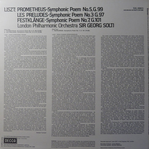 Liszt*, London Philharmonic Orchestra, Sir Georg Solti* : Symphonic Poems (Les Preludes / Prometheus / Festklänge) (LP)
