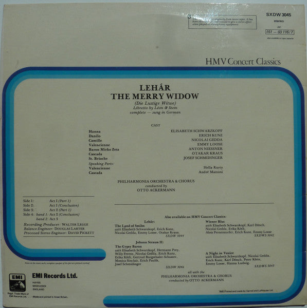 Lehár*, Elisabeth Schwarzkopf, Nicolai Gedda, Philharmonia Orchestra &amp; Chorus*, Otto Ackermann : The Merry Widow (2xLP, Album, RE)