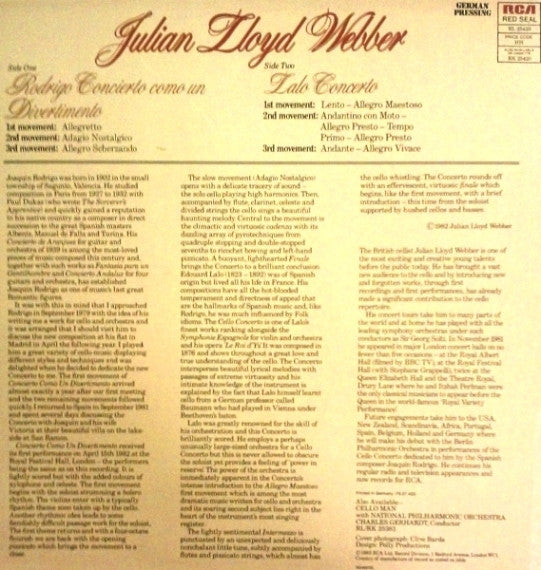 Julian Lloyd Webber, London Philharmonic Orchestra, Jesús López-Cobos : Rodrigo Cello Concerto / Lalo Cello Concerto (LP)