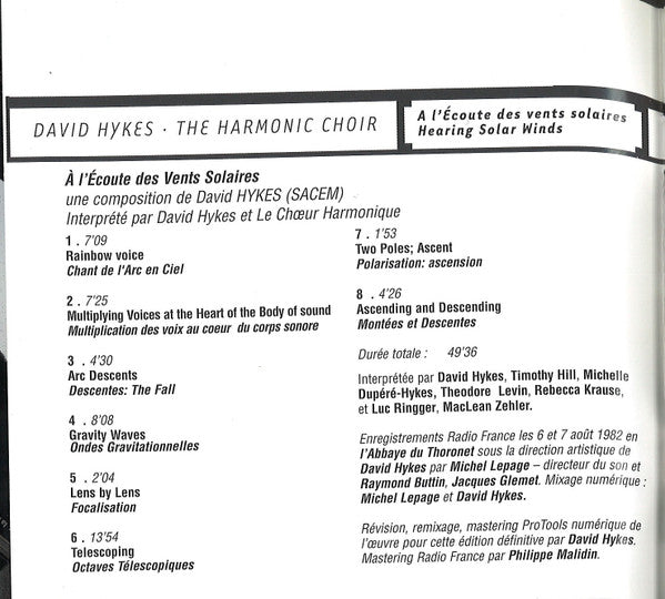 David Hykes / The Harmonic Choir : À L&#39;Ecoute Des Vents Solaires / Hearing Solar Winds (CD, Album, RE, RM, Dig)