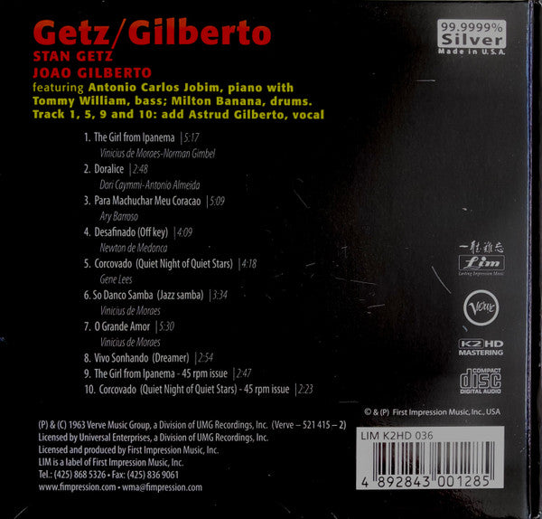 Stan Getz / João Gilberto Featuring Antonio Carlos Jobim : Getz / Gilberto (CD, Album, RE, RM)