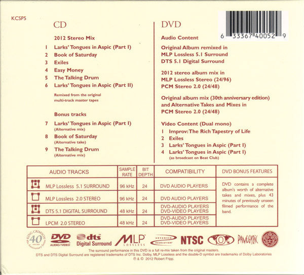 King Crimson : Larks' Tongues In Aspic (CD, Album, RE, RM + DVD-V, Comp, Mono, Multichanne)