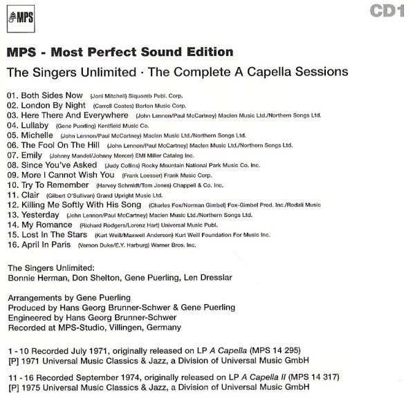 The Singers Unlimited : The Complete A Capella Sessions (2xCD, Comp, RM)